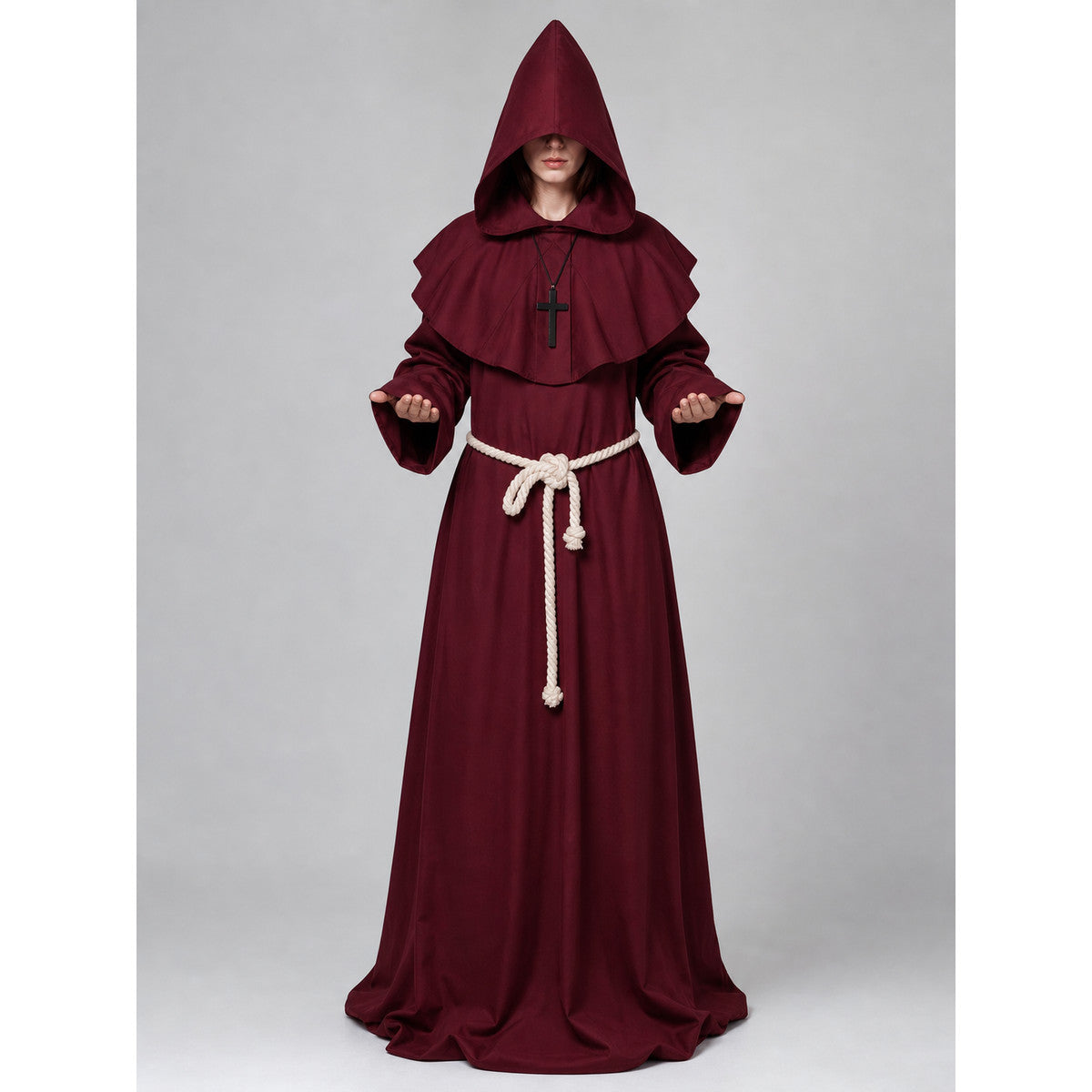 Medieval Monk Costume with Hood and Belt on-model view