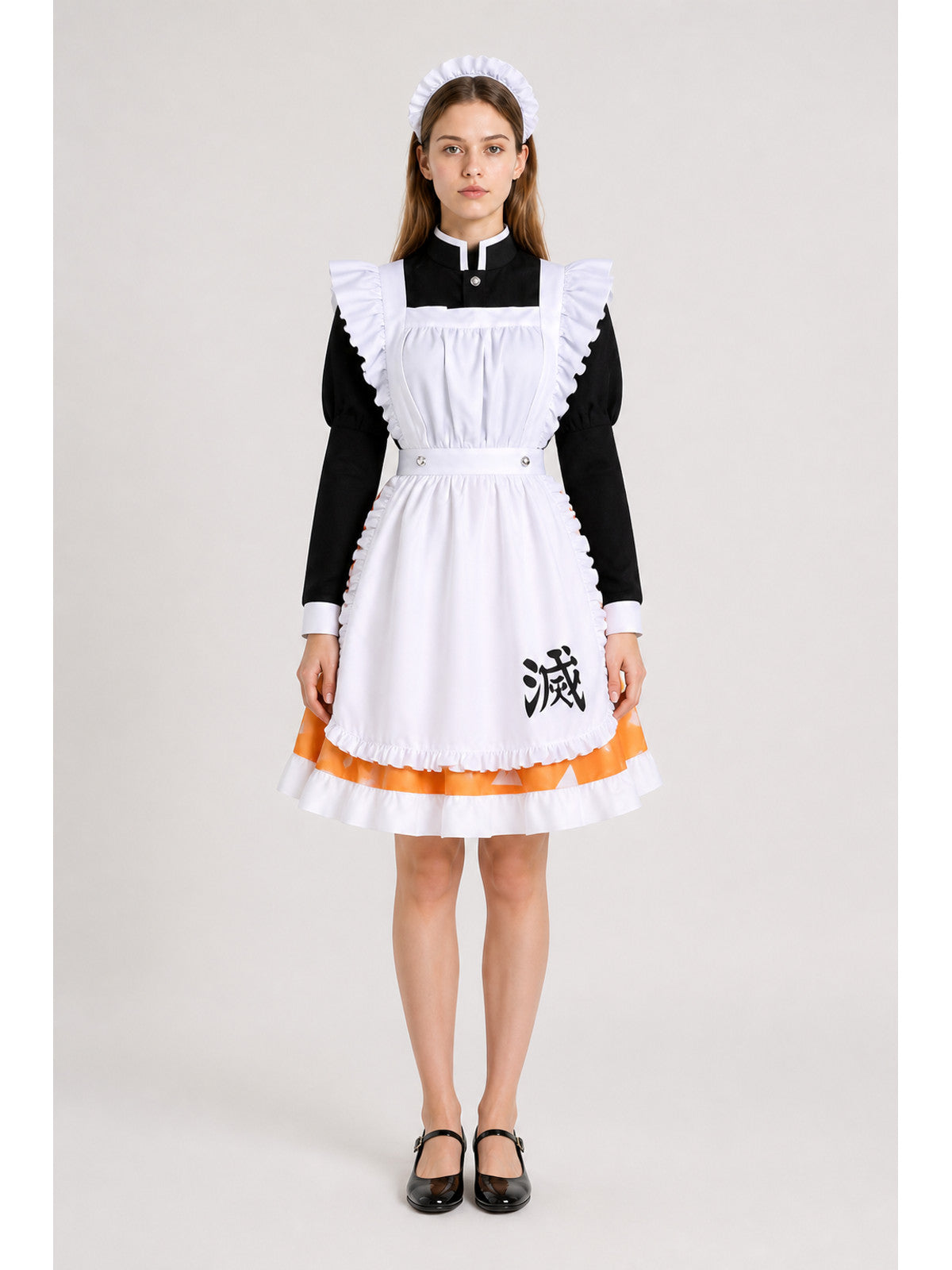Black cosplay dress with a white apron and orange skirt main product view