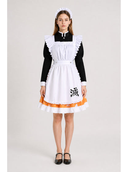 Black cosplay dress with a white apron and orange skirt main product view