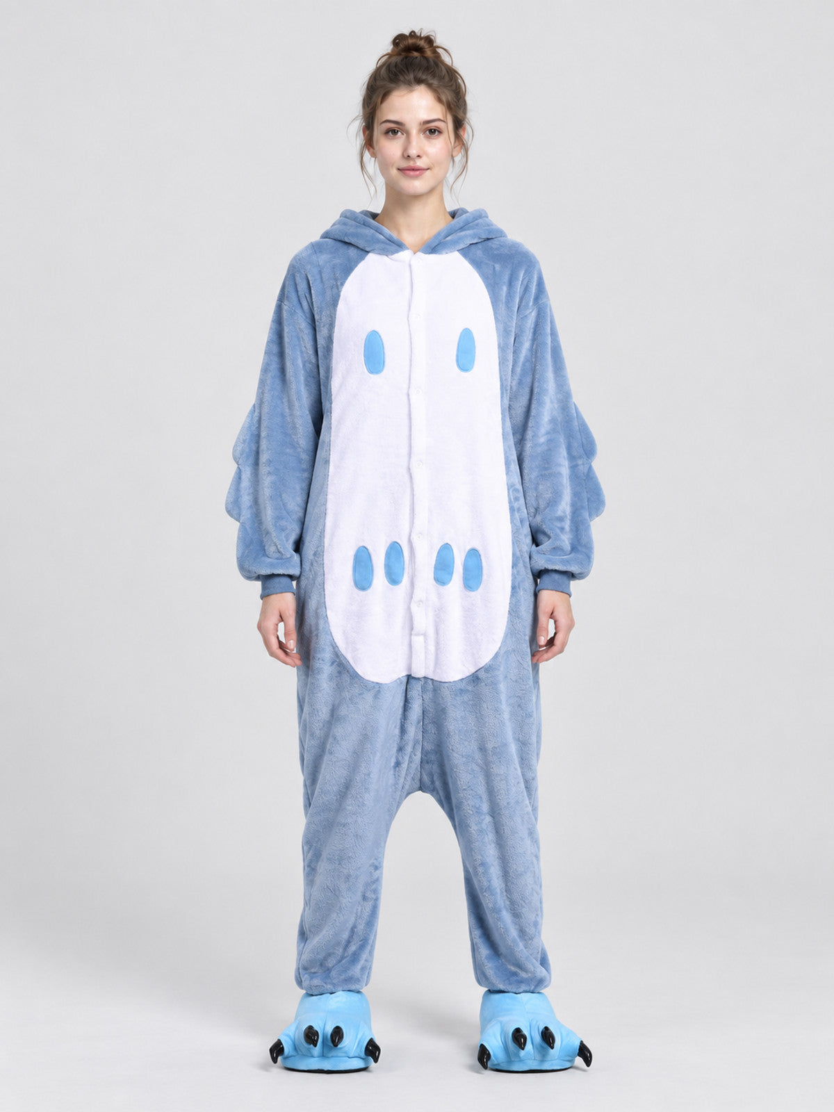 Gray-Blue Flannel Hooded Pajama Jumpsuit