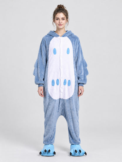 Gray-Blue Flannel Hooded Pajama Jumpsuit