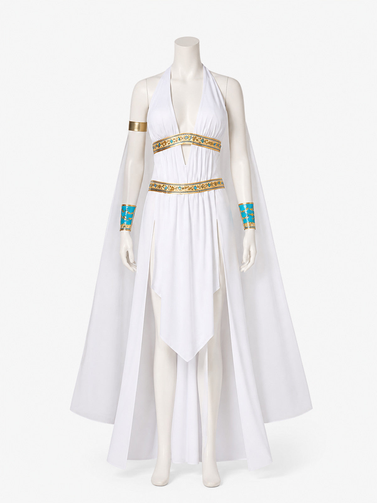 Cleopatra Costume Dress With Cape, Gold Accents and Side Slit Halloween Cosplay on-model view