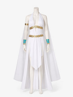 Women's Cleopatra Costume – White Halter Maxi Dress with Long Cape, Gold Trim & Side Slits