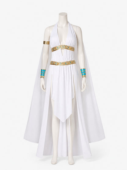 Cleopatra Costume Dress With Cape, Gold Accents and Side Slit Halloween Cosplay on-model view