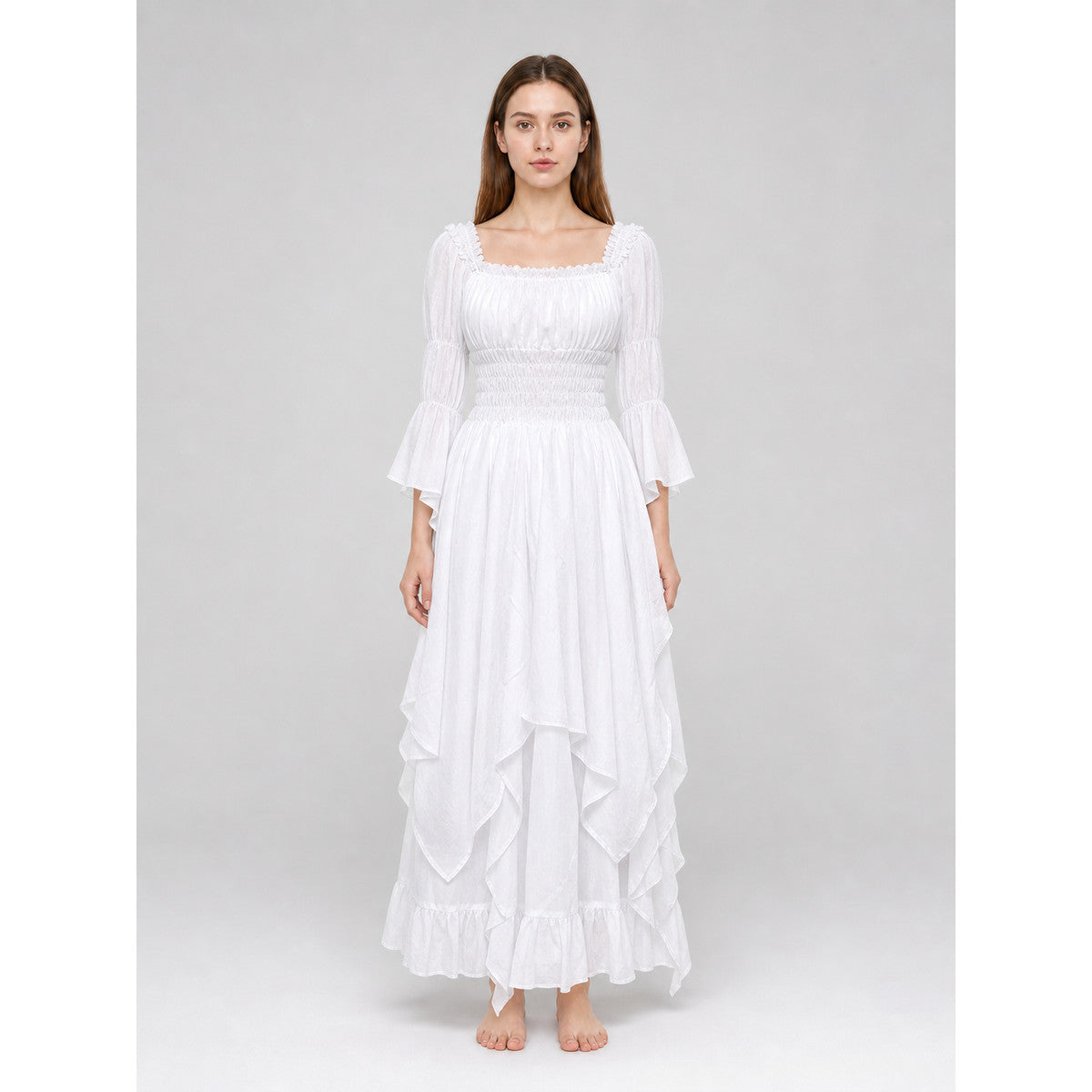 Long Dress with Lace Sleeves and Ruffles