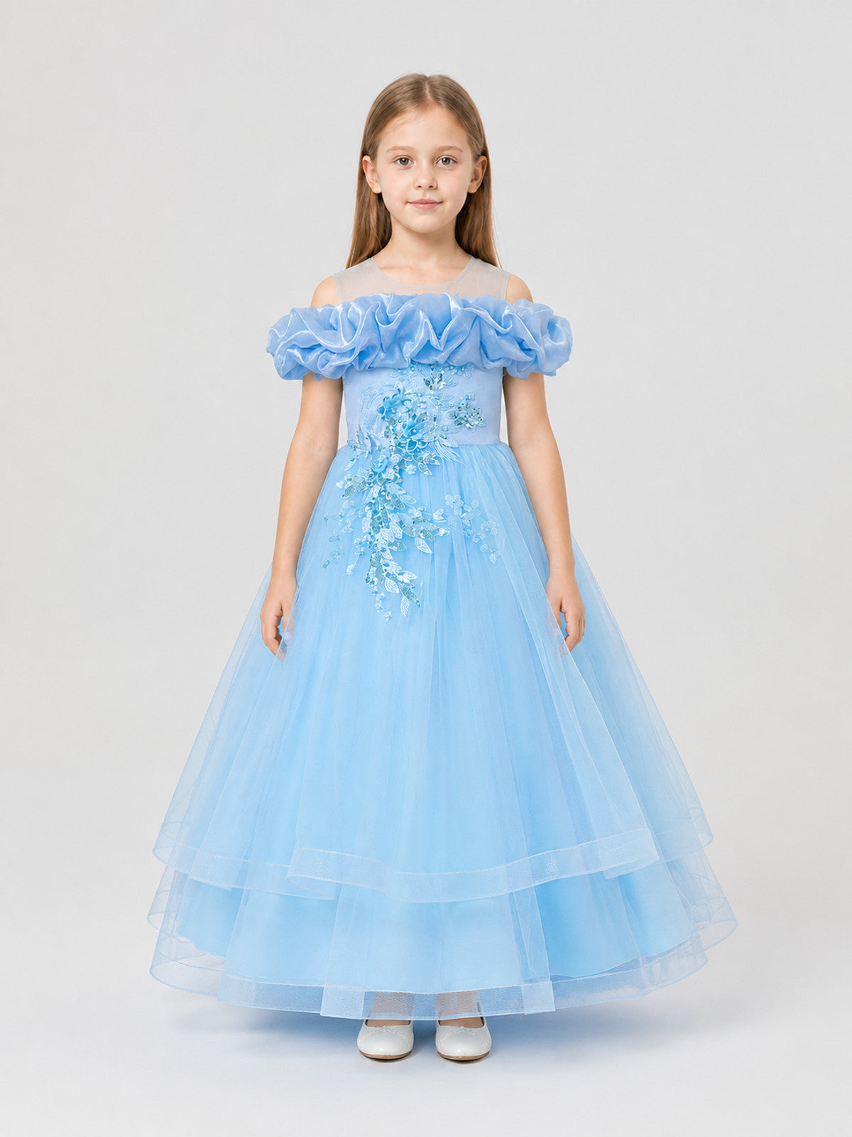 Full-Skirted Blue Dress with Sequins and Embroidery