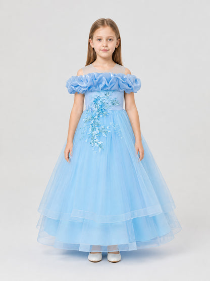 Full-Skirted Blue Dress with Sequins and Embroidery