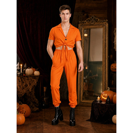 Women’s Halloween Prison-Inspired Costume Two-Piece Set with Collared Tie-Front Top and Jogger Pants for Cosplay Parties