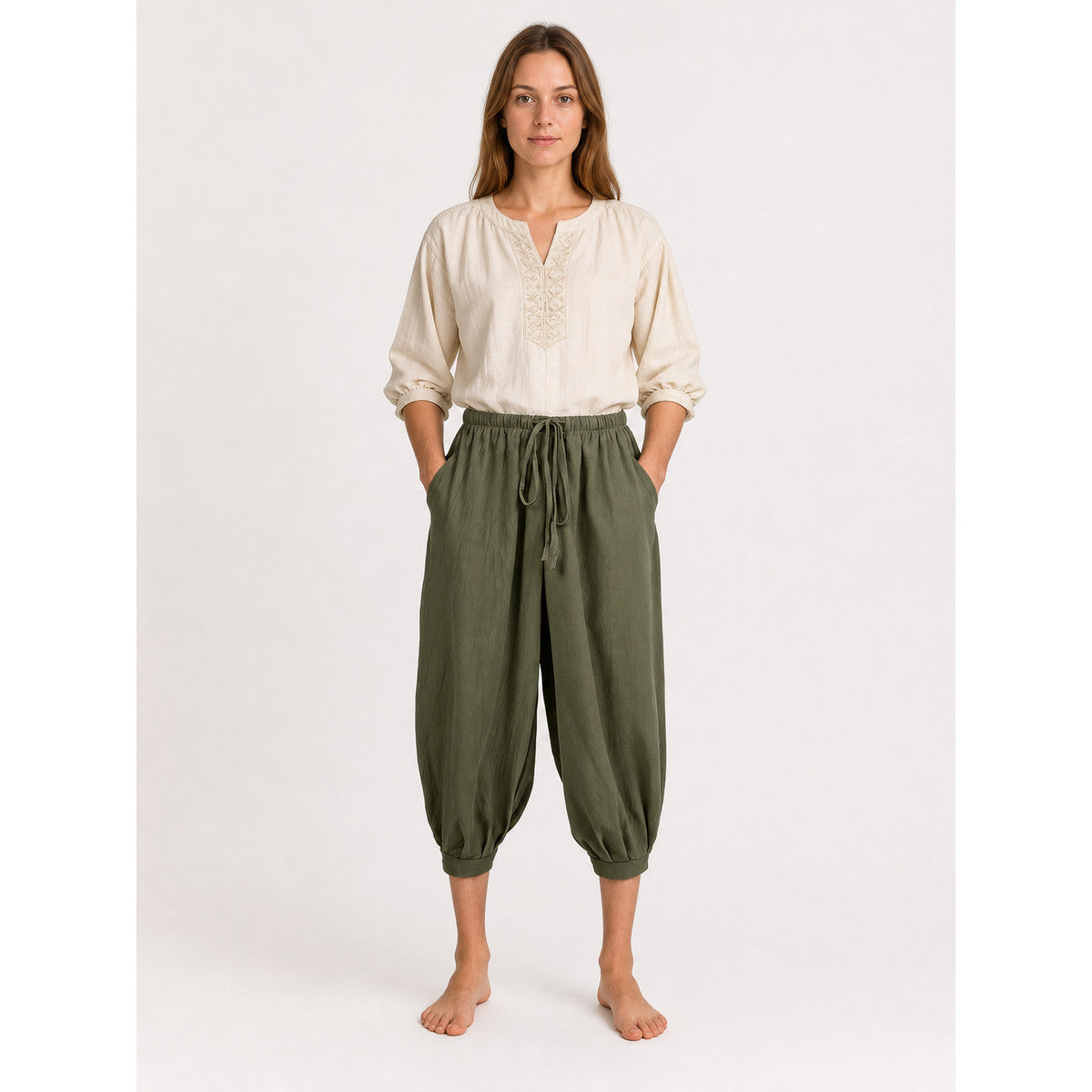 Olive 7/8 Harem Pants with Pockets and Drawstring