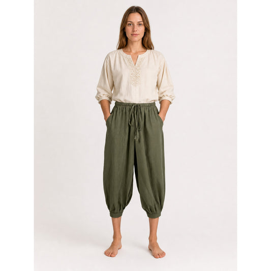 Olive 7/8 Harem Pants with Pockets and Drawstring