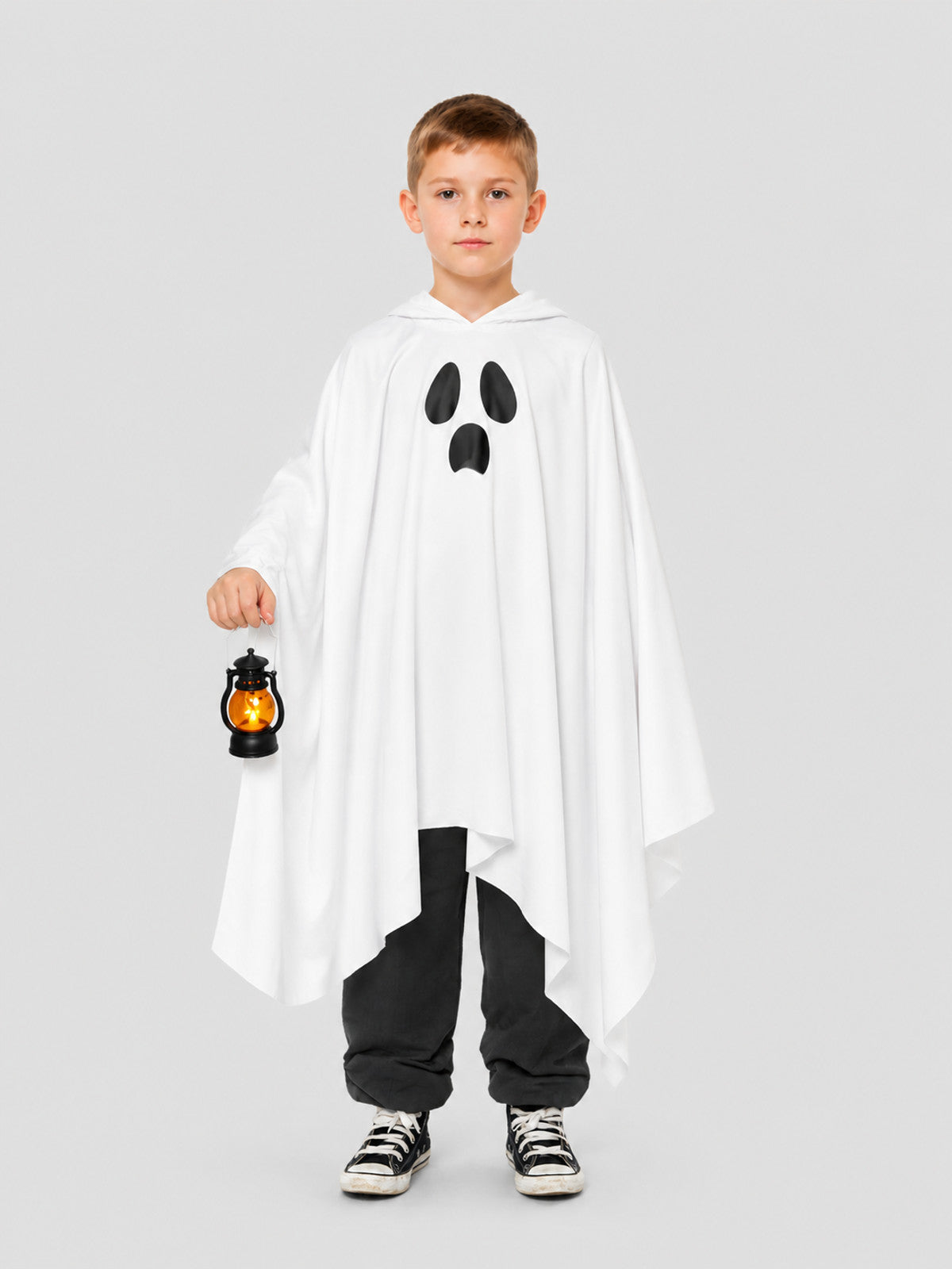 White Light-Up Ghost Cape with Hood for Halloween on-model view
