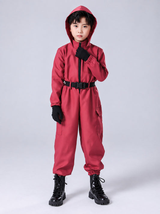 Red Carnival Jumpsuit with Hood and Black Belt