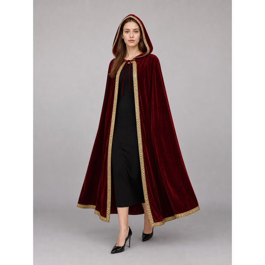 Burgundy carnival cape with hood and gold trim