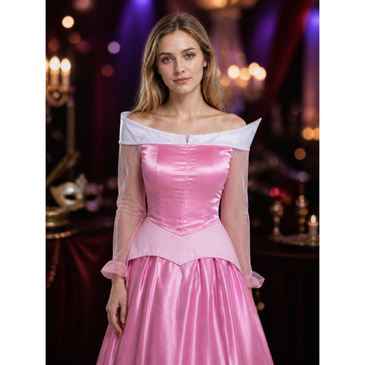 Women's Sleeping Beauty Princess Pink Off-Shoulder Long Sleeve Costume Dress on-model view