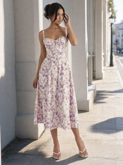 Women's Floral Print Lace-Up Midi Dress main product view