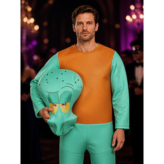 Unisex Squidward Costume Jumpsuit with Headpiece, Halloween Cosplay Outfit on-model view