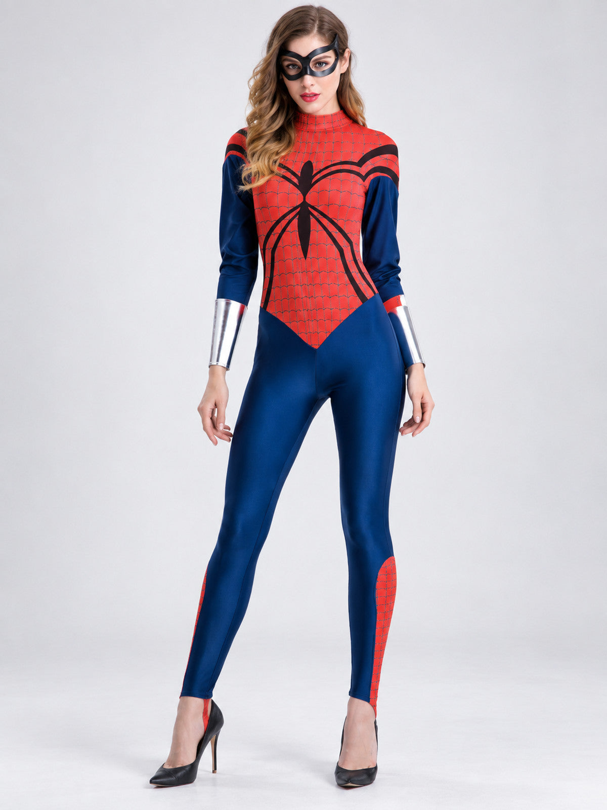 Adult superhero costume with web pattern and mask