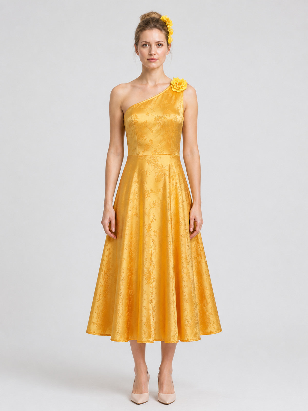 Judy Cosplay Costume: Gold Dress and Hair Accessory on-model view