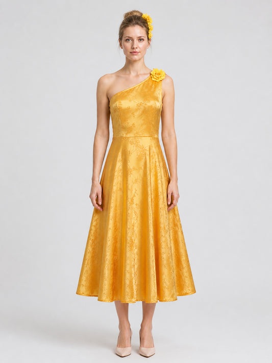 Judy Cosplay Costume: Gold Dress and Hair Accessory on-model view