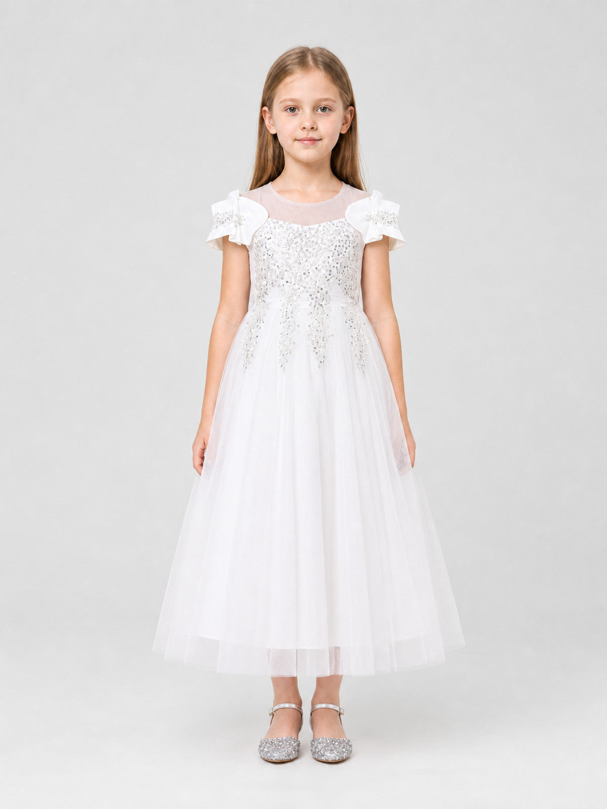 Girls' White Long Princess Dress with Sequins on-model view