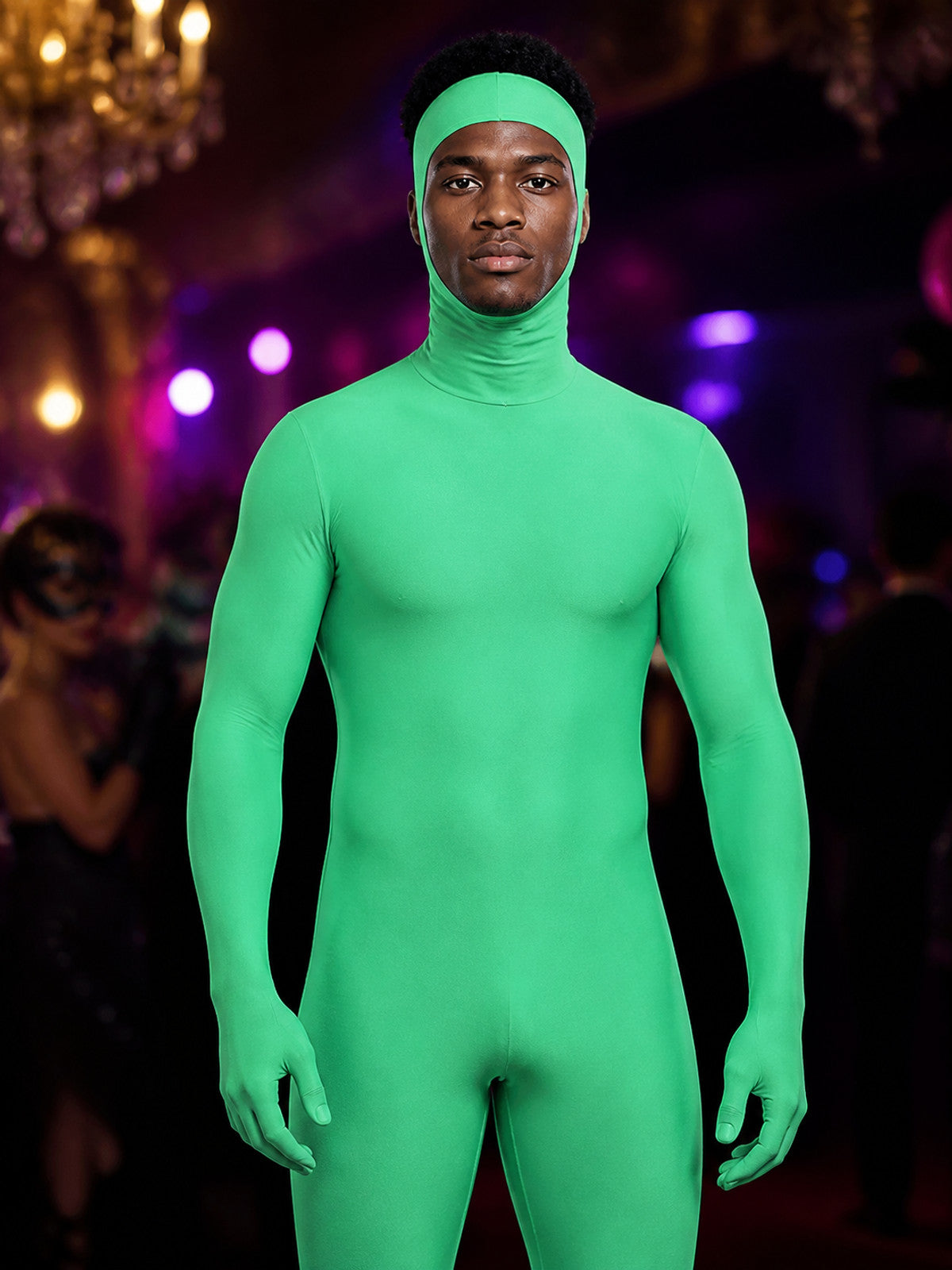 Kids Fluorescent Green Zentai Jumpsuit Costume, Hooded Full-Body Halloween on-model view