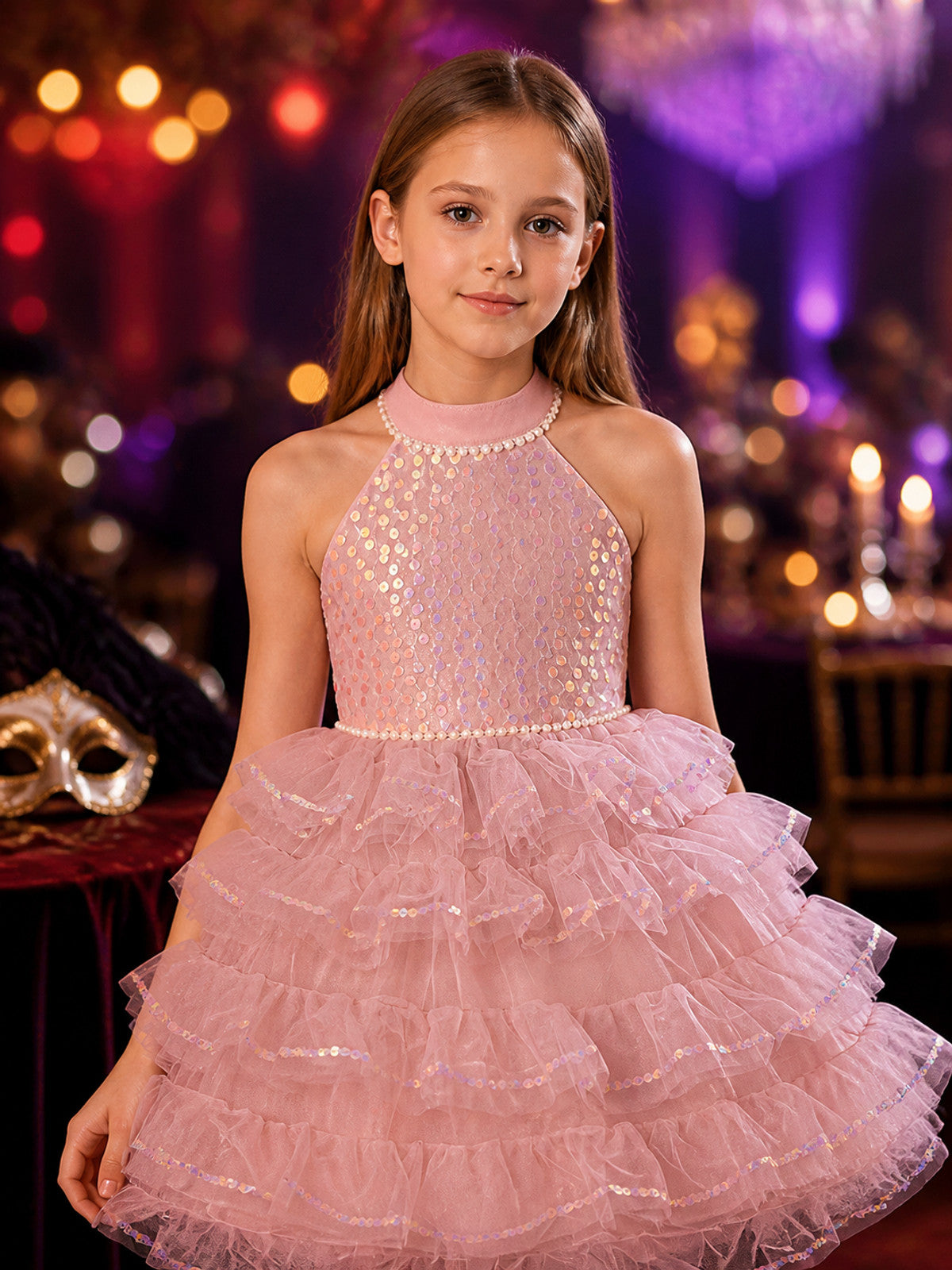 Girls' Princess Dress, Sequined Pearl-Beaded Layered Tulle Tutu Party Dress on-model view
