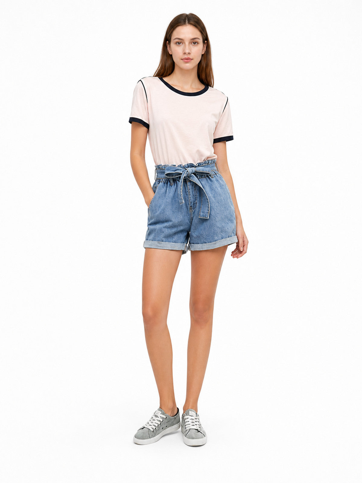 Blue Relaxed-Fit High-Rise Denim Shorts with Tie Waist