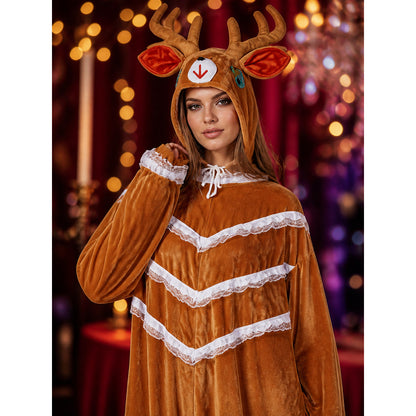 Women's Brown Reindeer Costume Jumpsuit, Hooded Animal Onesie with Antlers on-model view