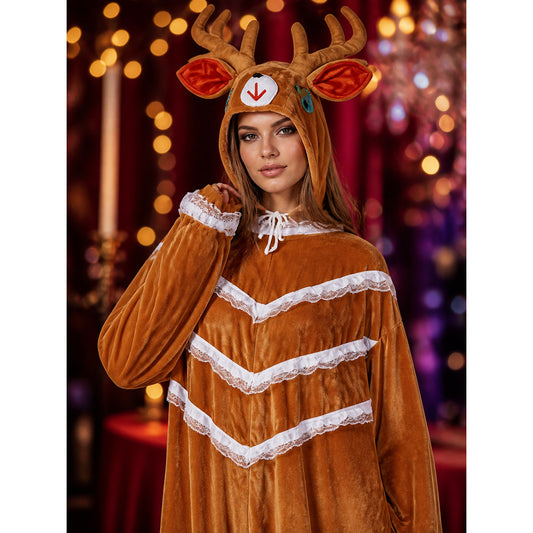 Women's Brown Reindeer Costume Jumpsuit, Hooded Animal Onesie with Antlers and on-model view