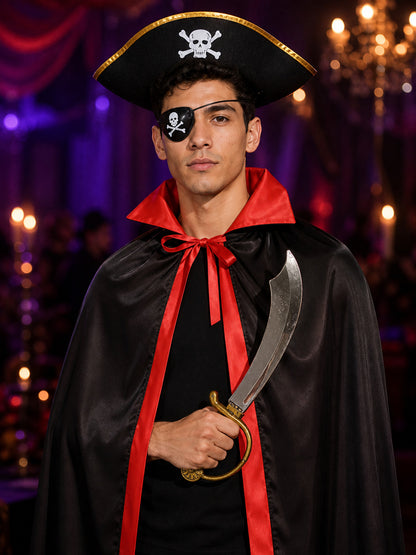 Adult & Kids Pirate Costume Set, Double-Sided Black/Red Cape, Skull & Crossbones on-model view