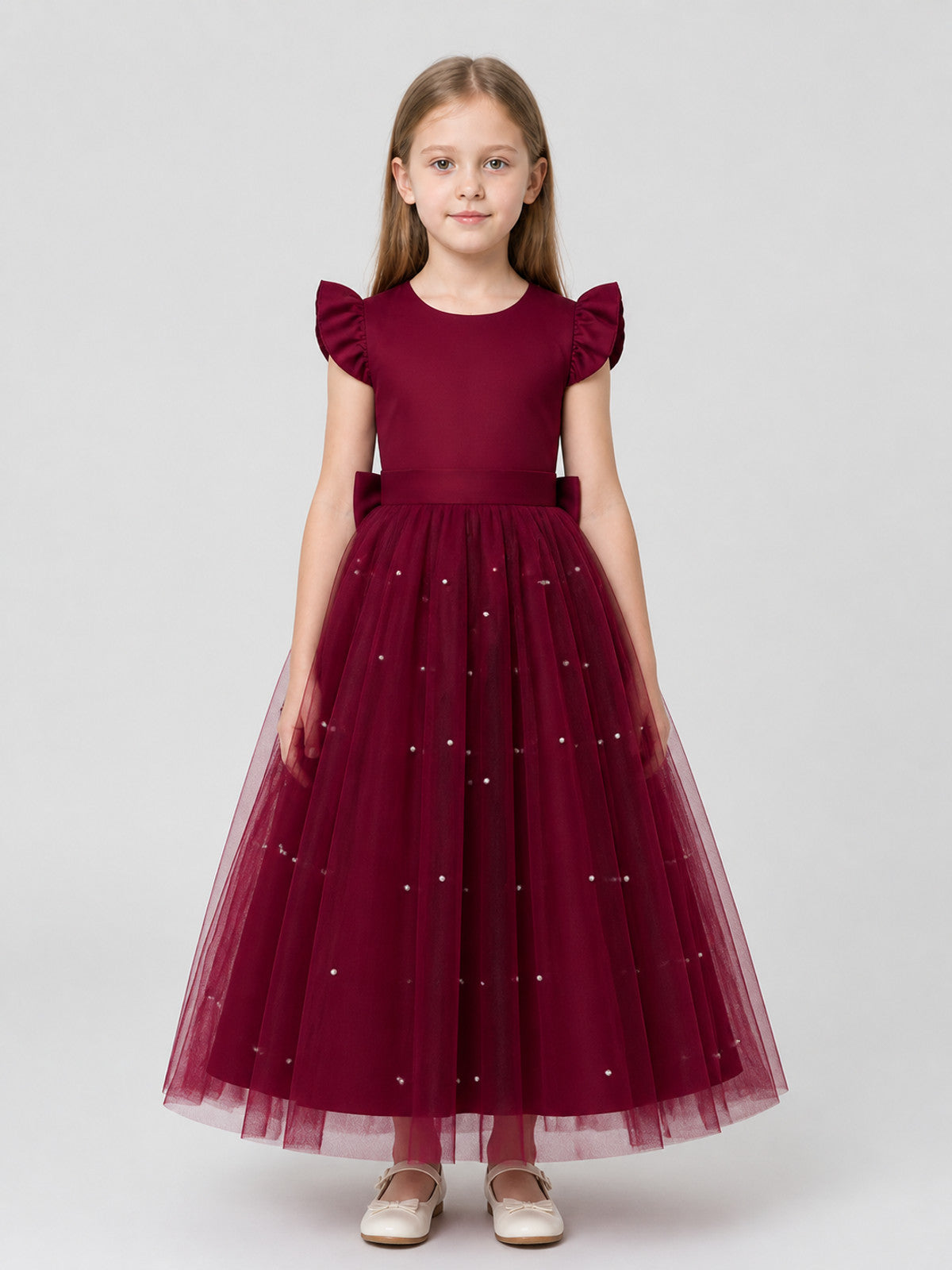 Burgundy Princess Dress with Bow and Full Skirt