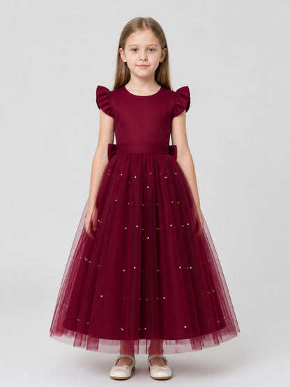 Burgundy Princess Dress with Bow and Full Skirt