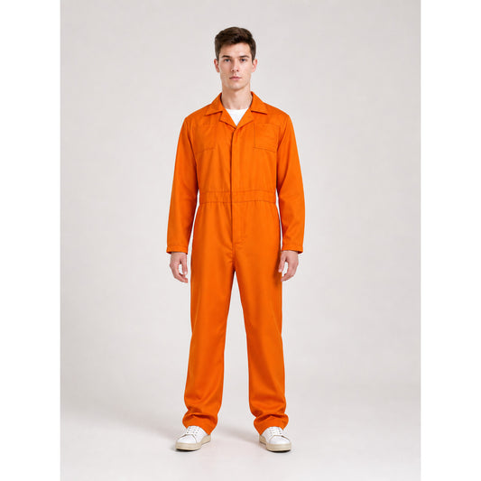 Orange long-sleeve jumpsuit with collared neckline and chest pockets, shown full-body on a model against a light studio background
