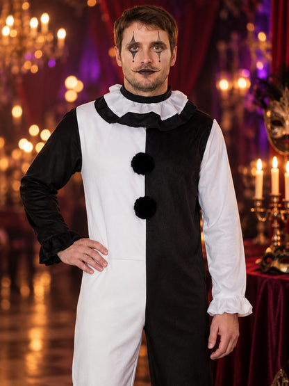 Black and White Clown Costume for Adults with Pom-Poms