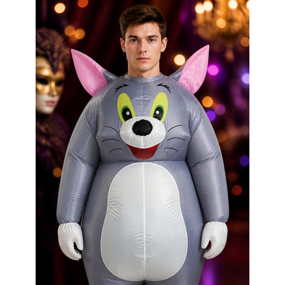 Unisex Cartoon Cat Inflatable Costume for Halloween, Grey Padded Animal Suit on-model view