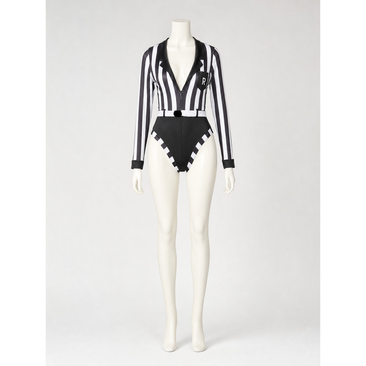Striped Referee Jumpsuit with High Slit on-model view
