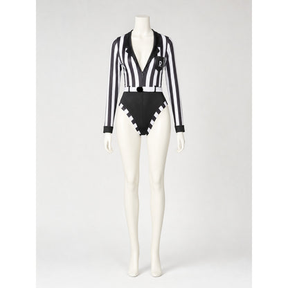 Striped Referee Jumpsuit with High Slit on-model view