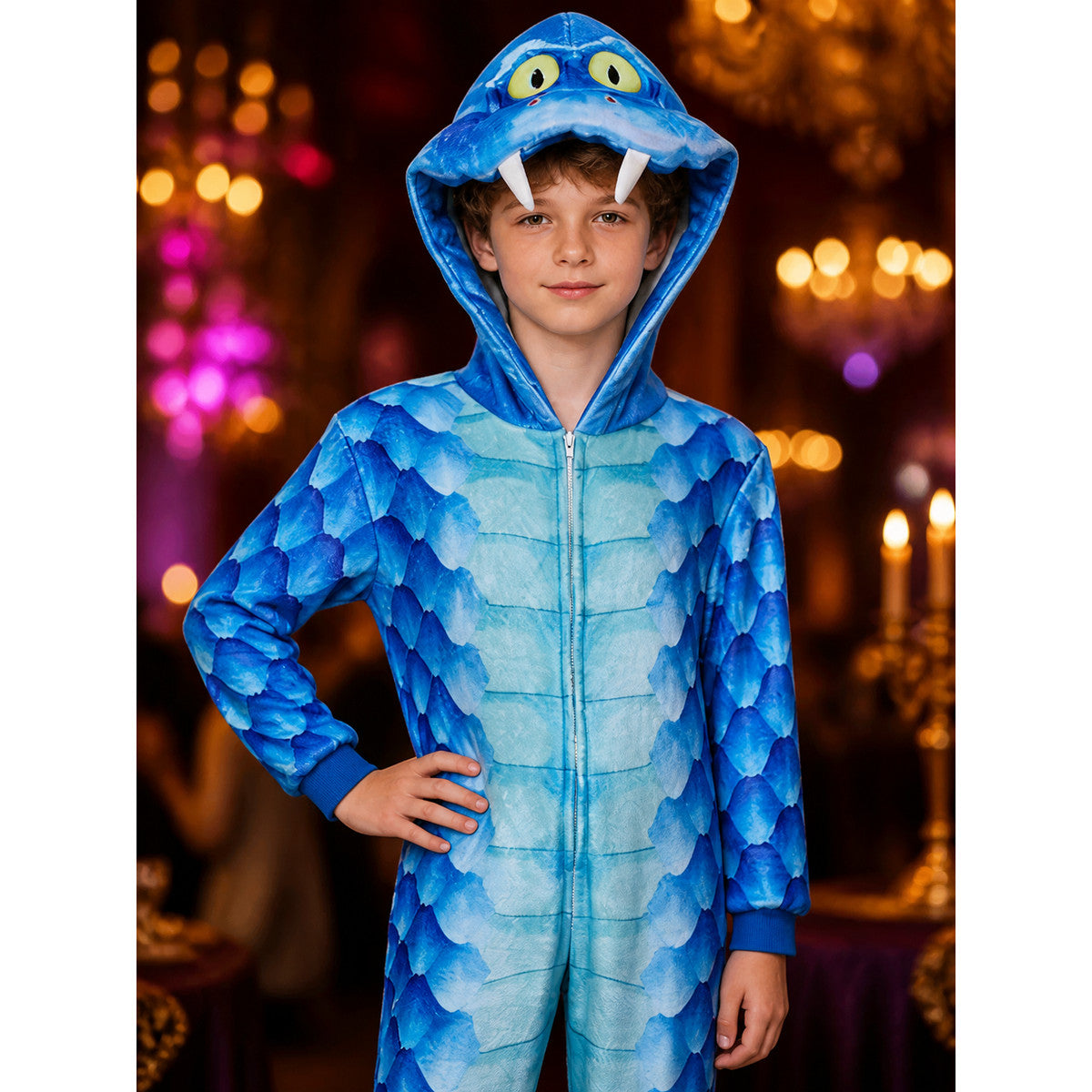 Dinosaur Hooded Costume with Zipper and Blue Belly on-model view