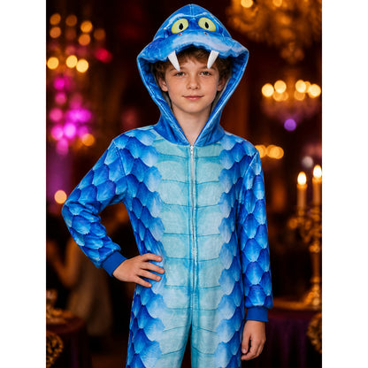 Dinosaur Hooded Costume with Zipper and Blue Belly on-model view