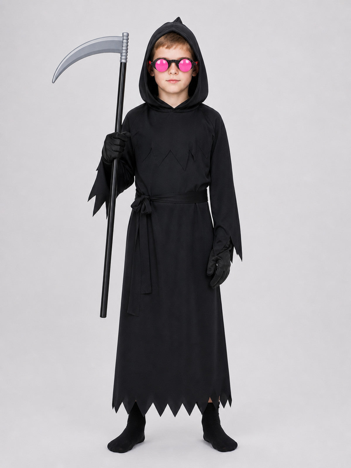 Reaper Costume with Hood, Scythe, and Glowing Glasses on-model view