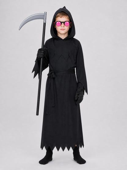 Reaper Costume with Hood, Scythe, and Glowing Glasses on-model view