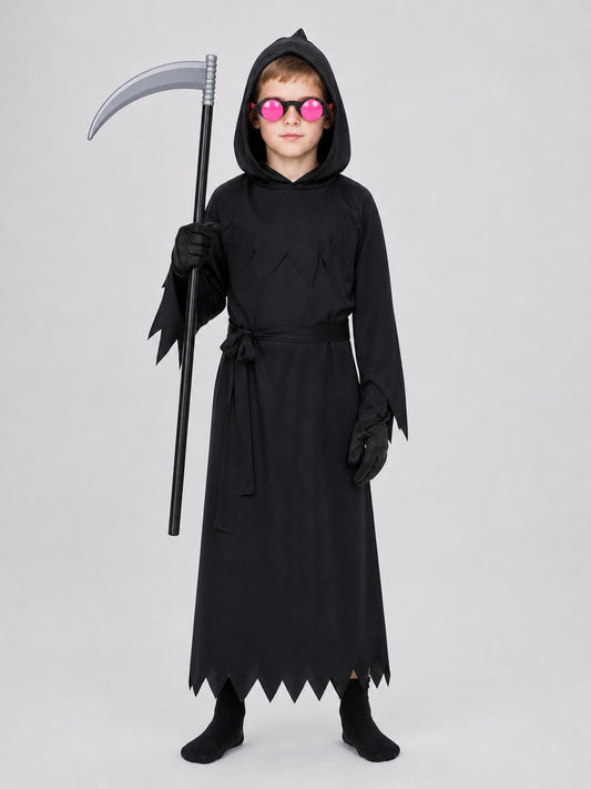 Reaper Costume with Hood, Scythe, and Glowing Glasses on-model view