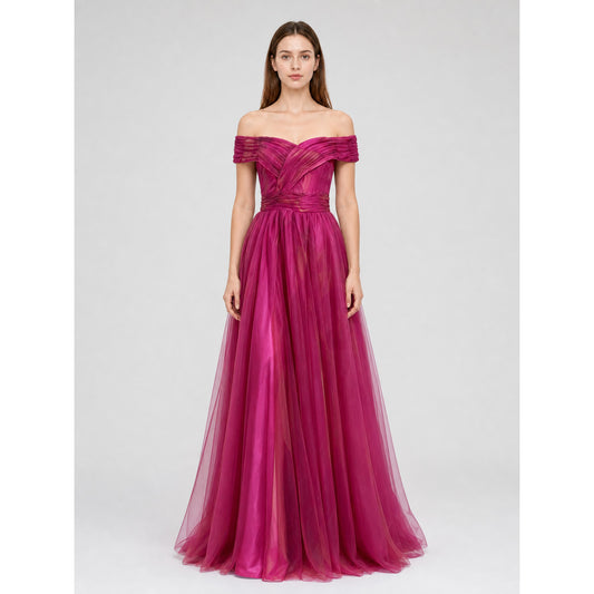 Off-the-Shoulder Evening Dress with Draping front view