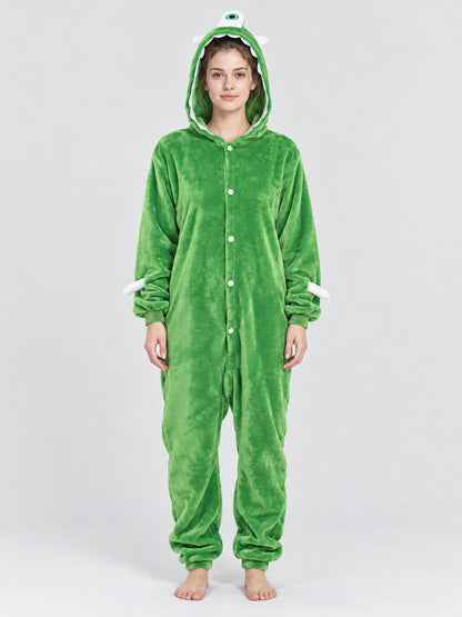 Green Fleece Hooded Pajama Jumpsuit with Tail