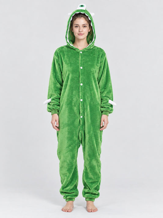 Green Fleece Hooded Pajama Jumpsuit with Tail