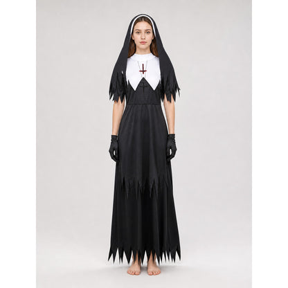 Black Long Dress with Cross and Torn Edge on-model view