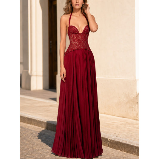 Burgundy maxi dress with a halter neckline and pleats