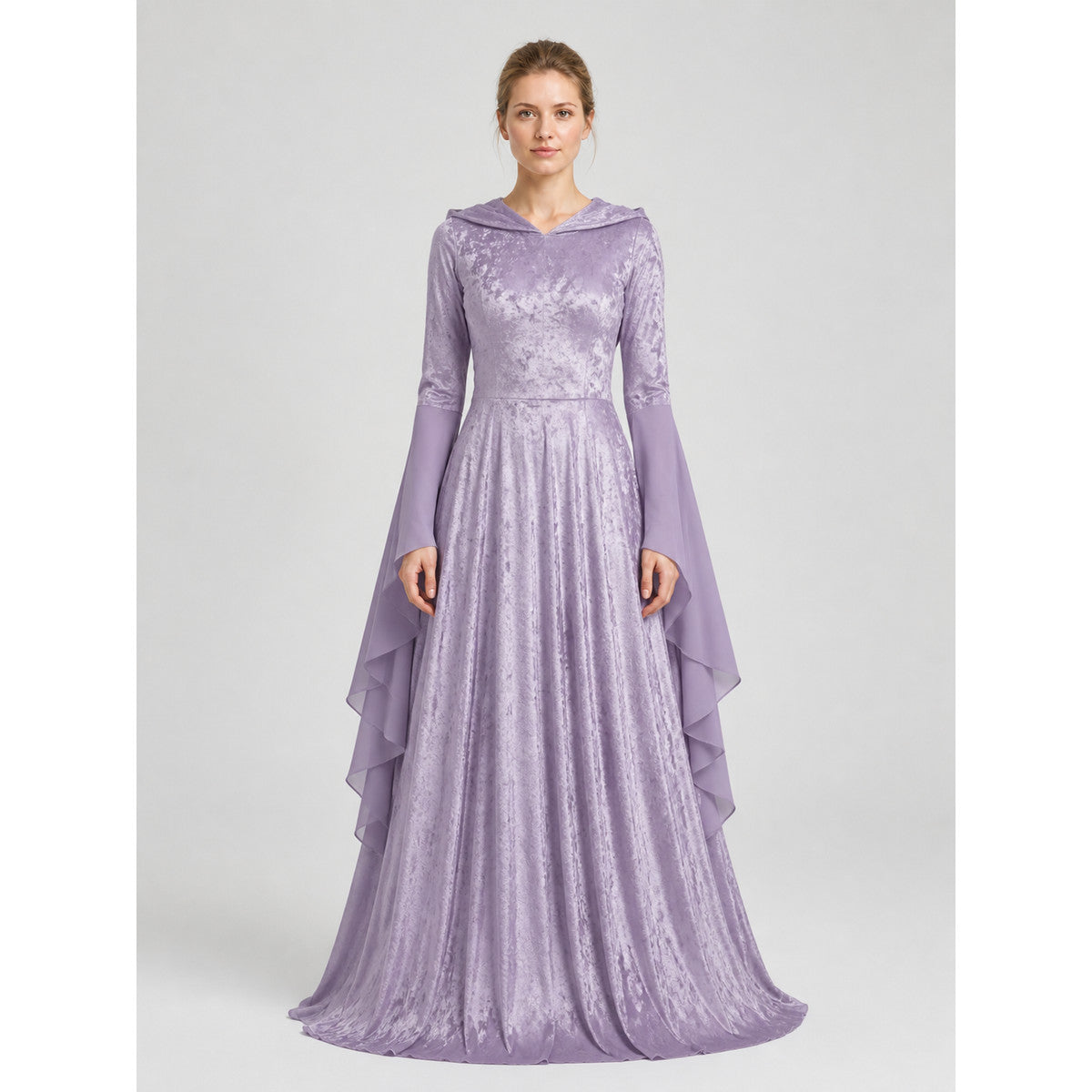 Long Purple Dress with Hood and Full Skirt on-model view