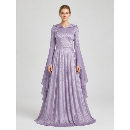 Long Purple Dress with Hood and Full Skirt on-model view