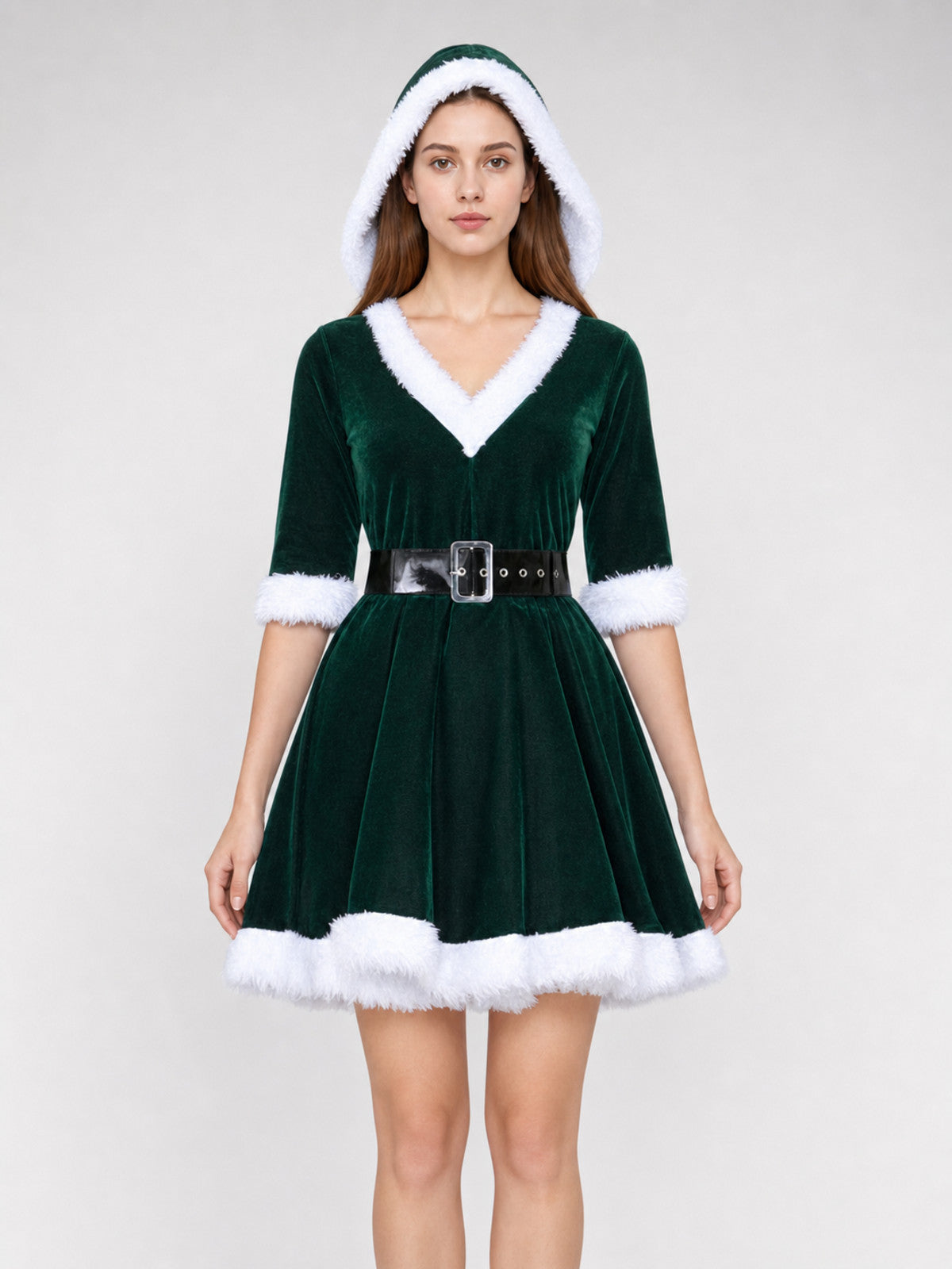 Festive Christmas Hooded Dress with Belt front view
